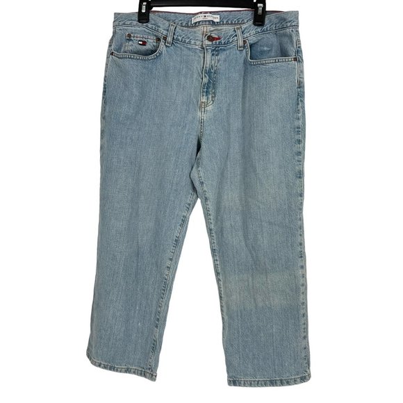 Y2K Tommy Hilfiger Jeans Vintage Light Blue Leather Tab Womens Straight Sz 14 - Picture 1 of 6